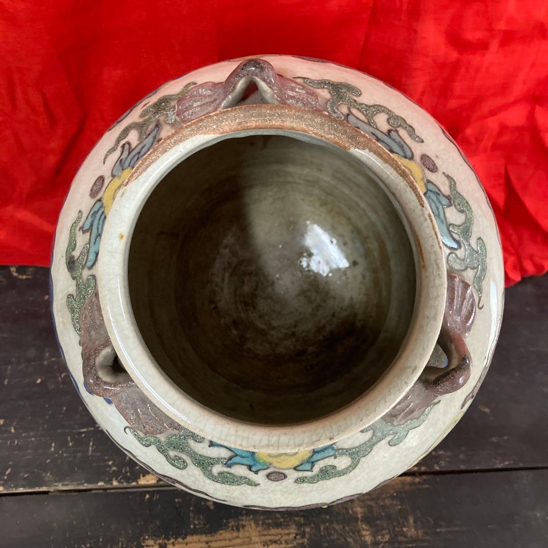 中国　色絵　三耳壺　鳳凰図