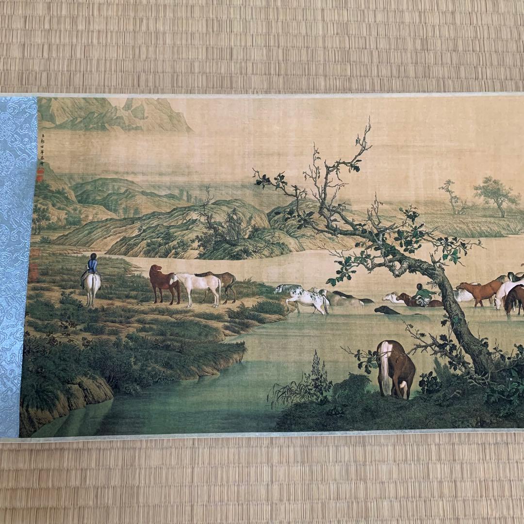 中国絵画　 清国の国師絵家　名家　清時代　郎世寧（最作)百駿図　国画巻き絵