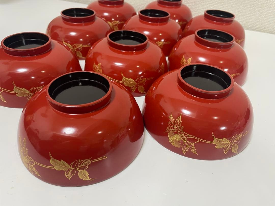 漆器 朱漆 内朱塗 漆器 吸物 懐石椀 煮物椀 10 客 牡丹柄 アンティーク