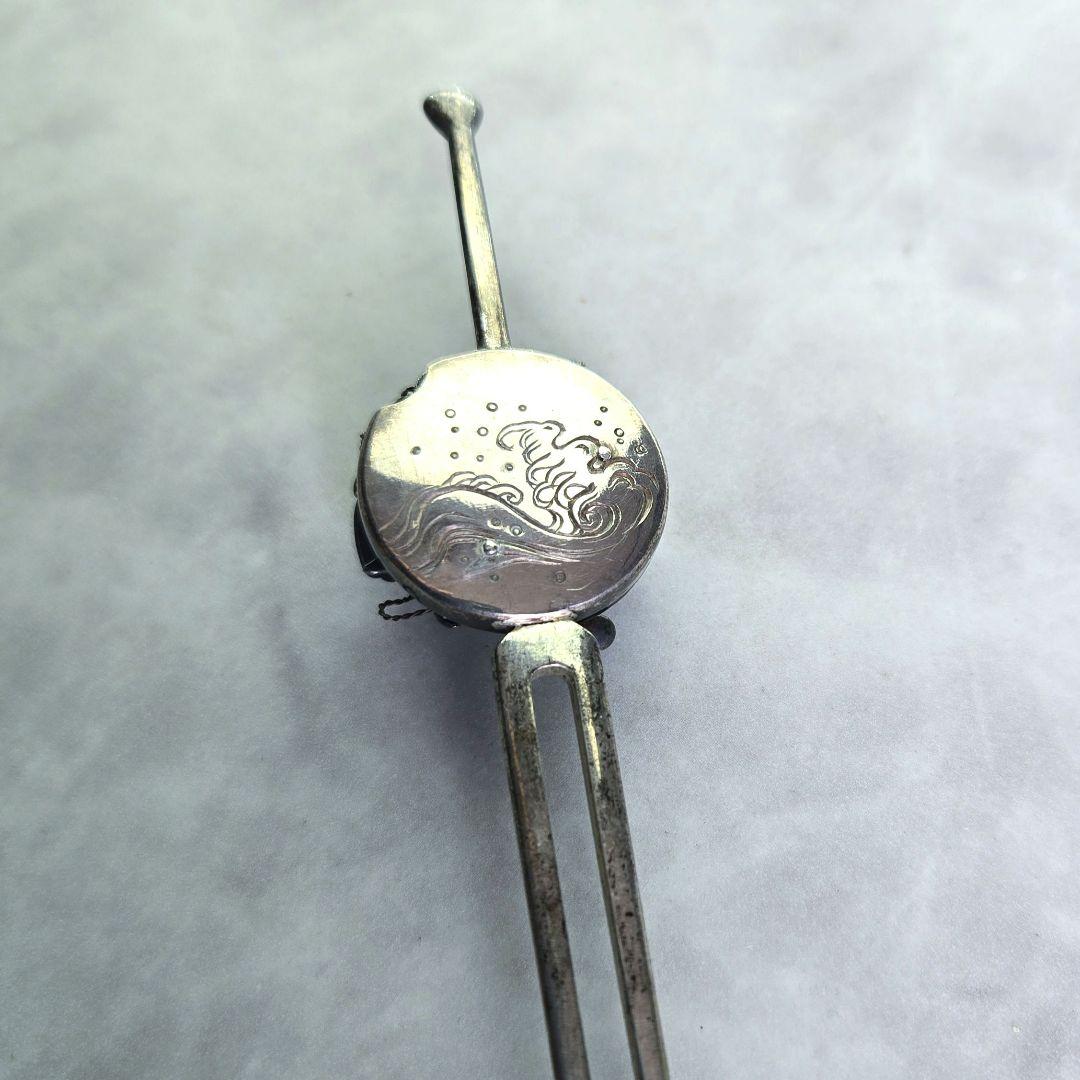 逸品　アンティーク　金工　簪　兜　銀かんざし　珊瑚　G1　着物　金工　骨董