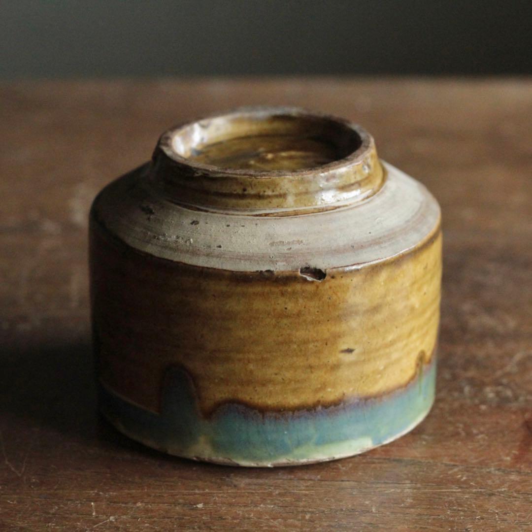 壺屋焼 緑掛け飴釉 火入 筒茶碗 古道具 アンティーク