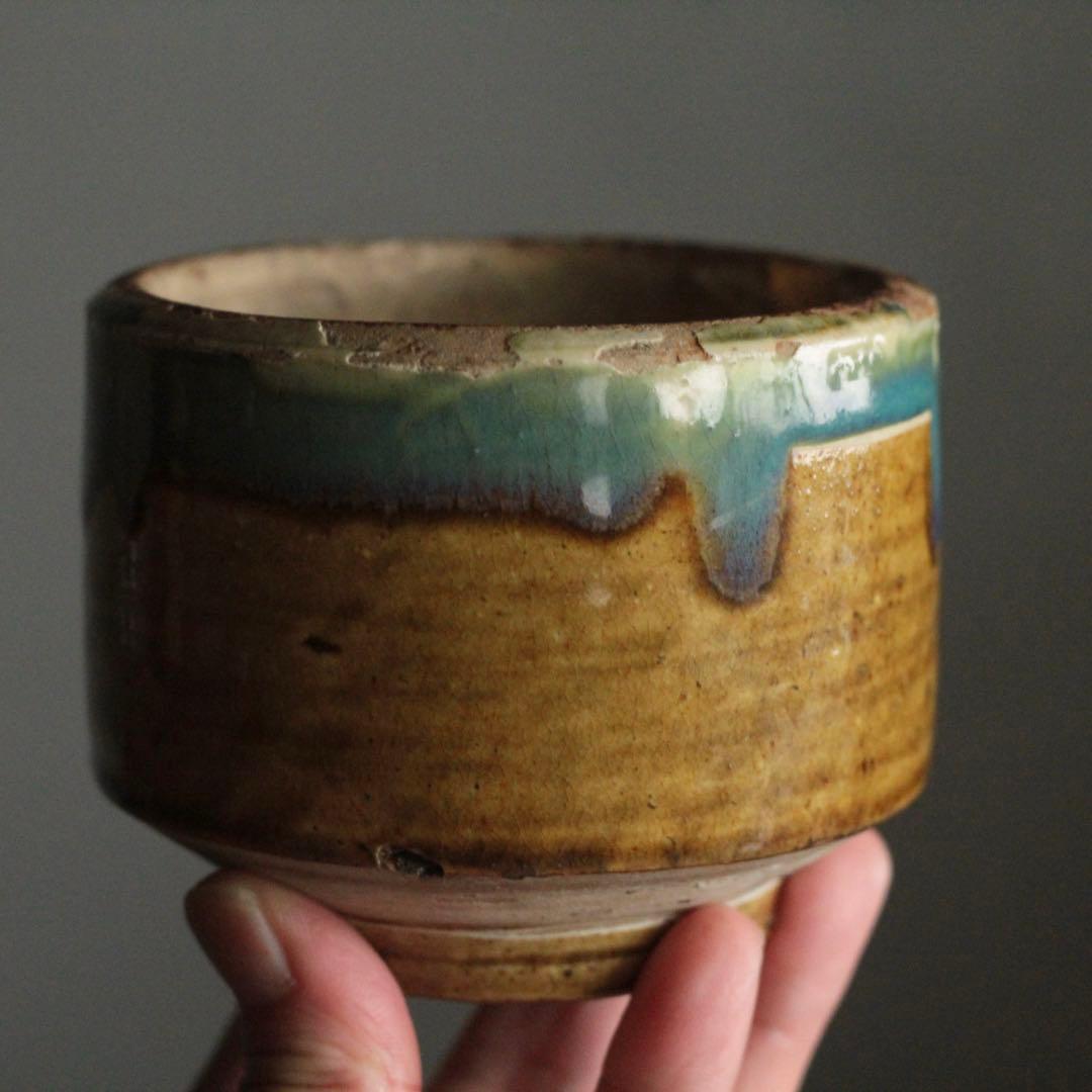 壺屋焼 緑掛け飴釉 火入 筒茶碗 古道具 アンティーク