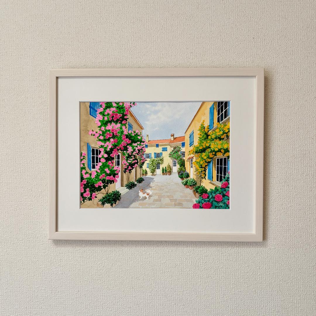 透明水彩画　原画　「花の咲く路地06」額縁付き　F4サイズ　風景画