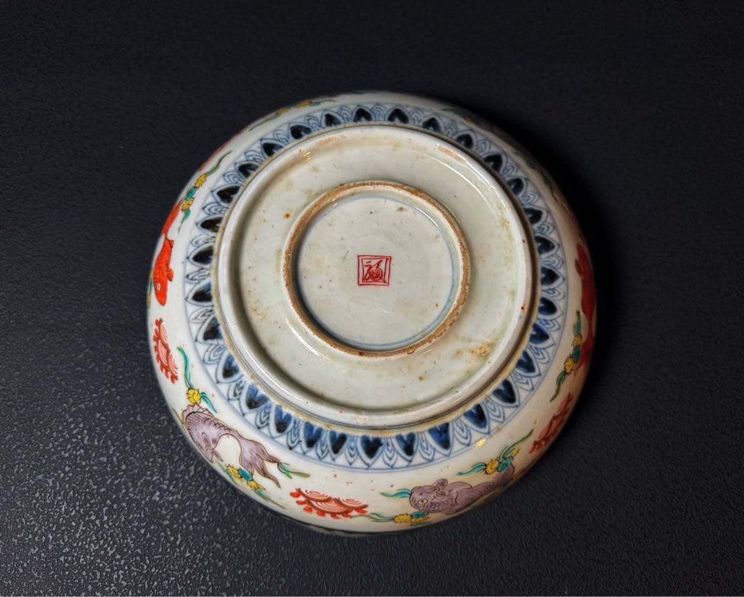 明治期 色絵松鶴亀文 盛鉢 大小二客 共箱