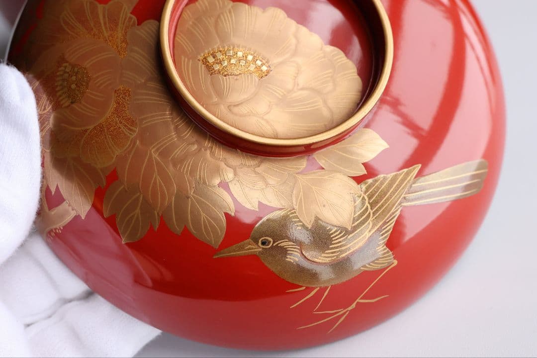 【MB178】輪島塗 花鳥金蒔絵 朱塗椀 二客 煮物椀 天然木漆塗 鶯牡丹 昭和