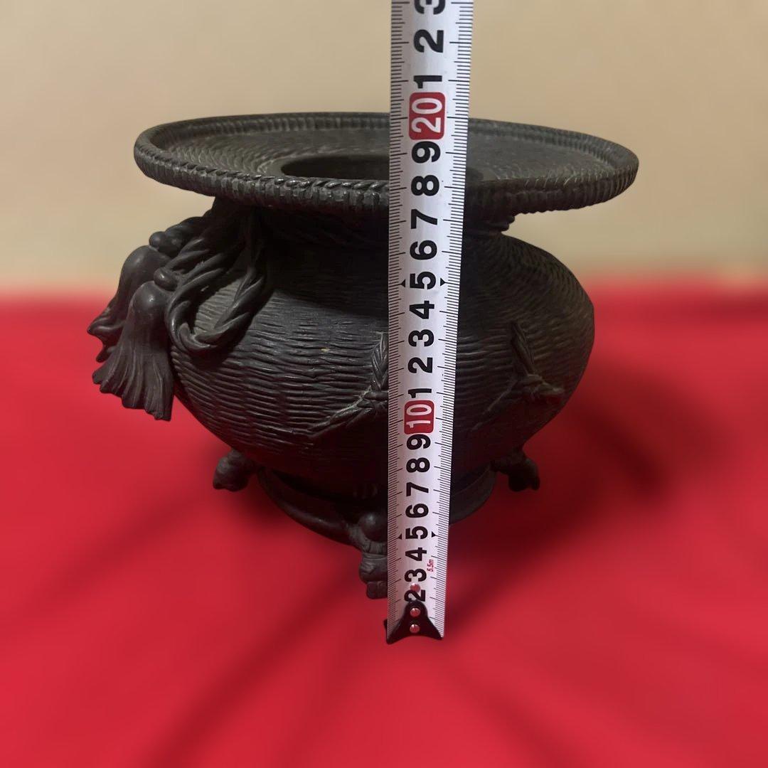 古美術　骨董品　茶道具　古銅花器　竹編紋　在銘　唐子足