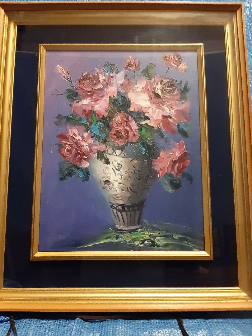バラ 薔薇 花束 油彩画 金色フレーム 油絵　作者不明　花瓶
