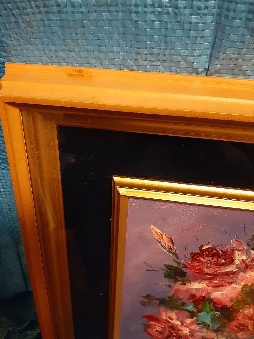 バラ 薔薇 花束 油彩画 金色フレーム 油絵　作者不明　花瓶