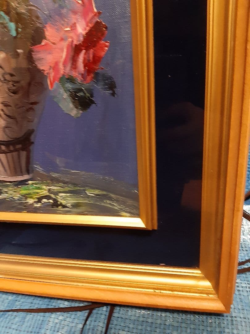 バラ 薔薇 花束 油彩画 金色フレーム 油絵　作者不明　花瓶