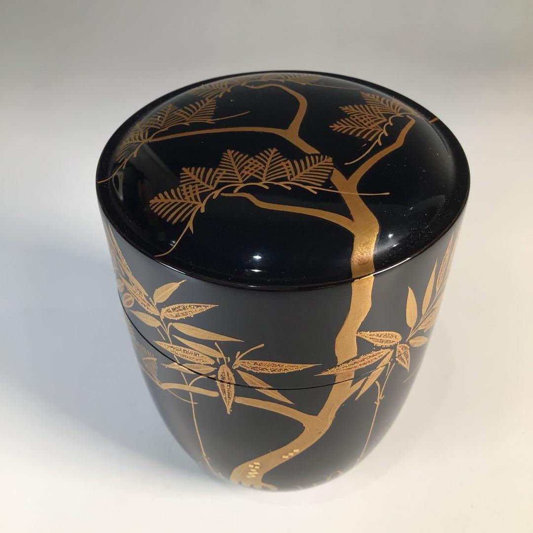 Ｍ８１１　茶入　『和田瑾斎作』『黒漆塗』『松竹蒔絵』『腰高茶入』　共箱　茶道具