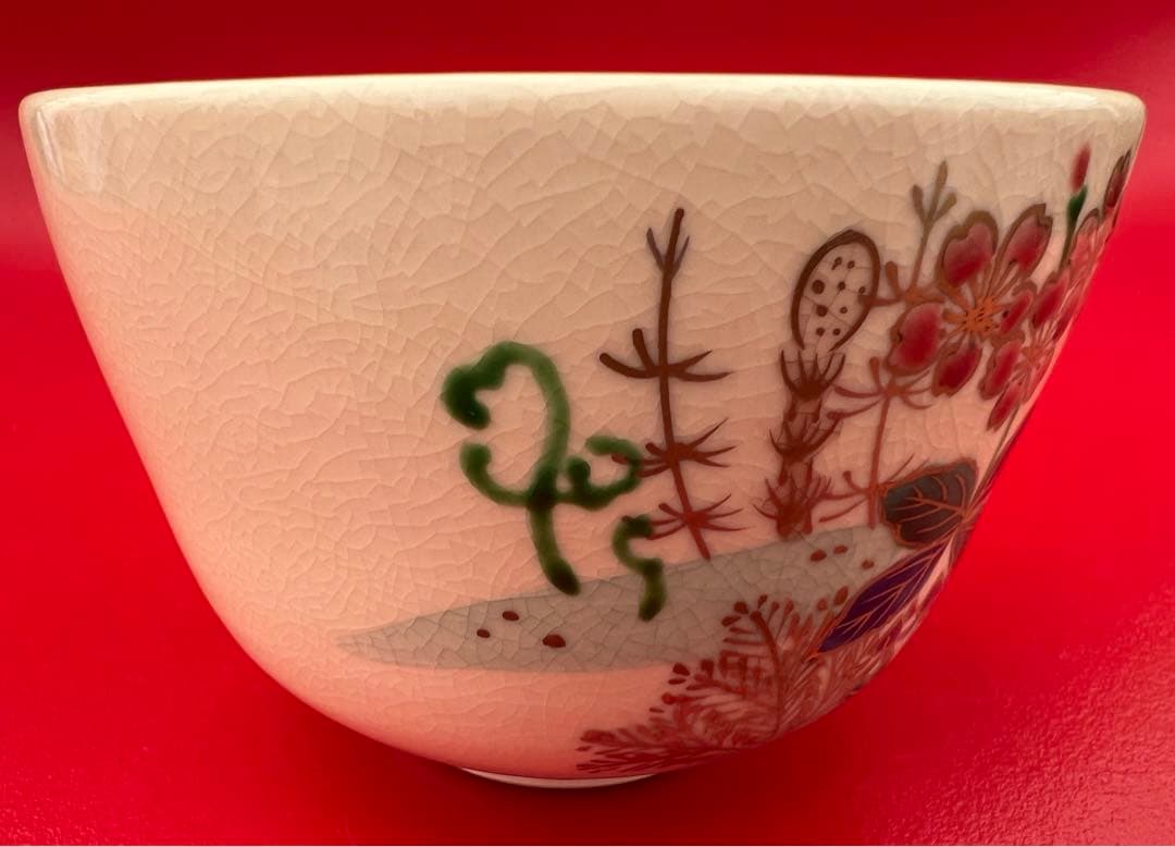 【茶道具】京焼 茶碗 色絵春野 加藤永起 共箱 共布