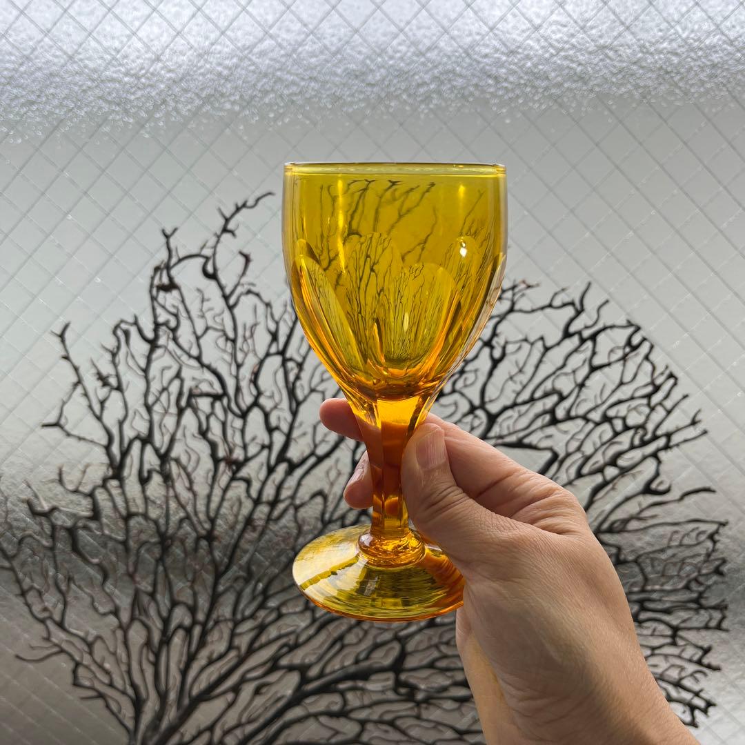 骨董　時代ガラス　希少鼈甲色　ライトアンバー飴色　オーバルカット　切子　ウラン