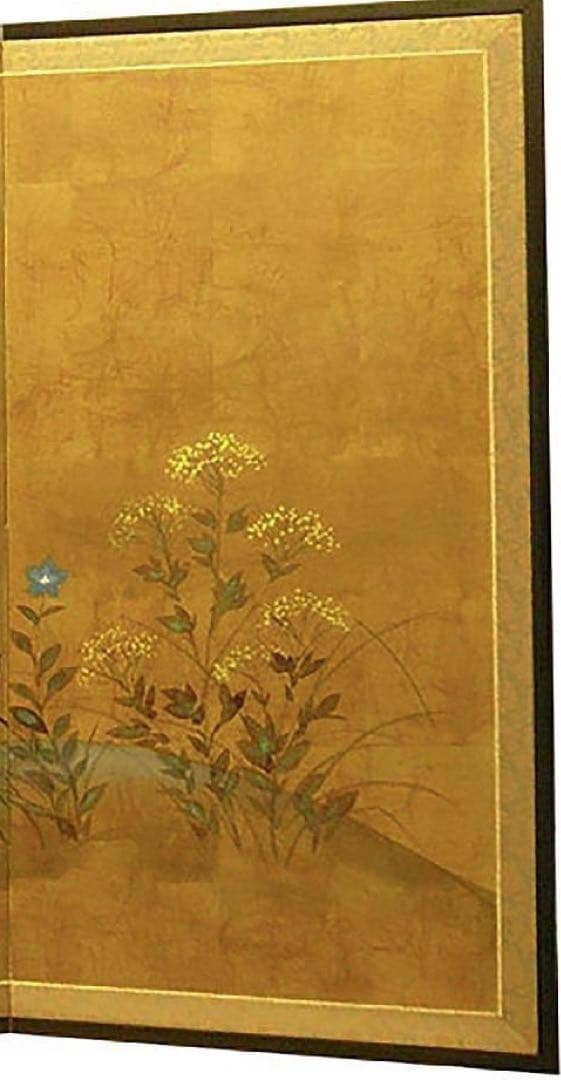 四つ折り屏風　日本画　金箔彩色　紅葉に露草