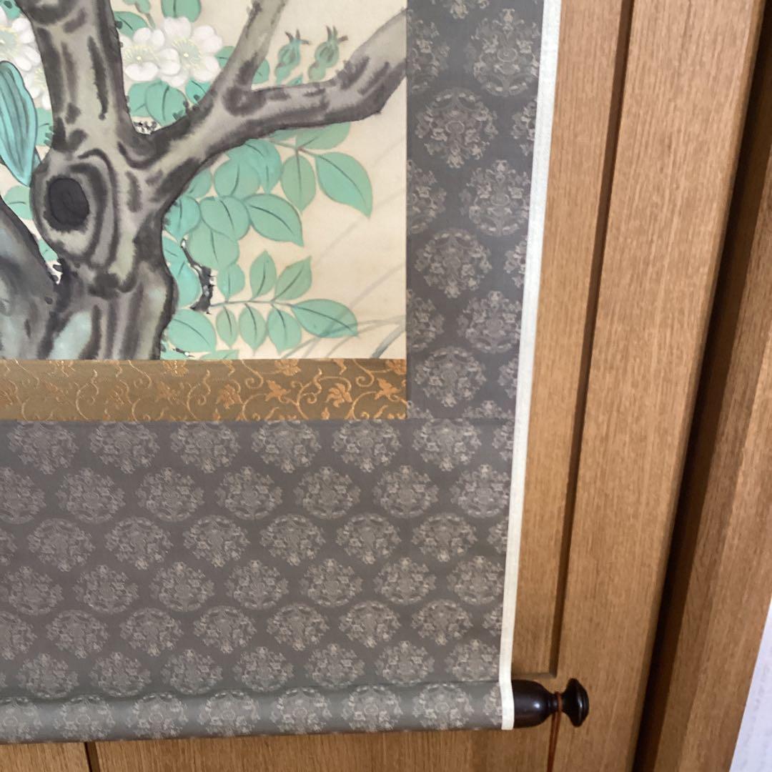 美品　佐久間雲窓　絹本着色【　柳に八八鳥之図　】　道元鑑識箱　　軸先細工木　共箱