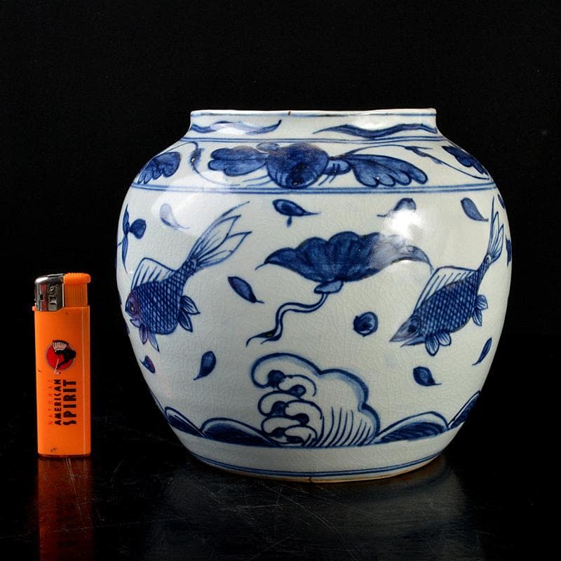 中国　青花　花卉魚波文瓶　壷　N　R5755