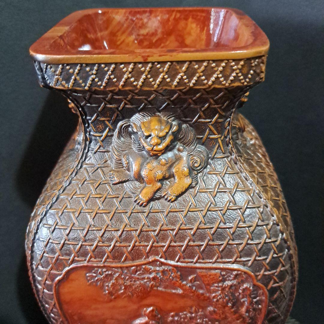 銅製　極上飾壺　細密浮き彫り　高岡銅器　日展入選品　四面獅子　花鳥図