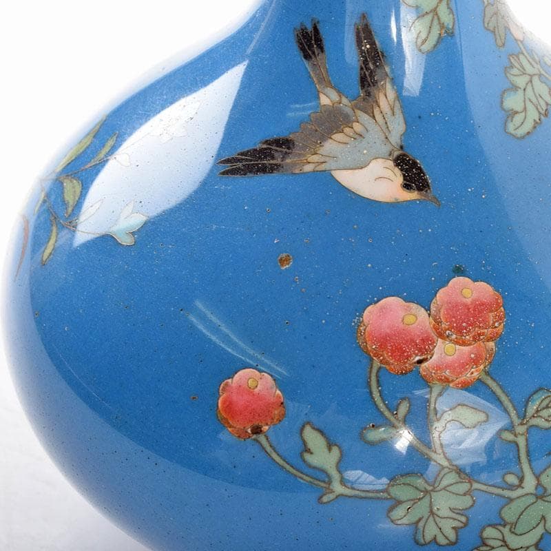 中国　古七宝琺瑯彩　花鳥文瓶　時代箱付　U　R4899