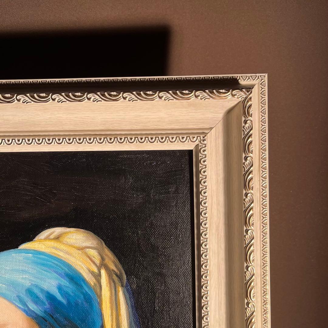 ★秀作★ 手書き油絵 フェルメール 真珠の耳飾りの少女 額付 絵画 油彩画