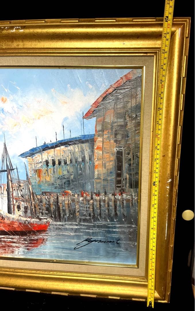 世界堂　額　豪華　額縁付き　油彩絵 船 風景 絵画　肉筆　サイン　アンティーク