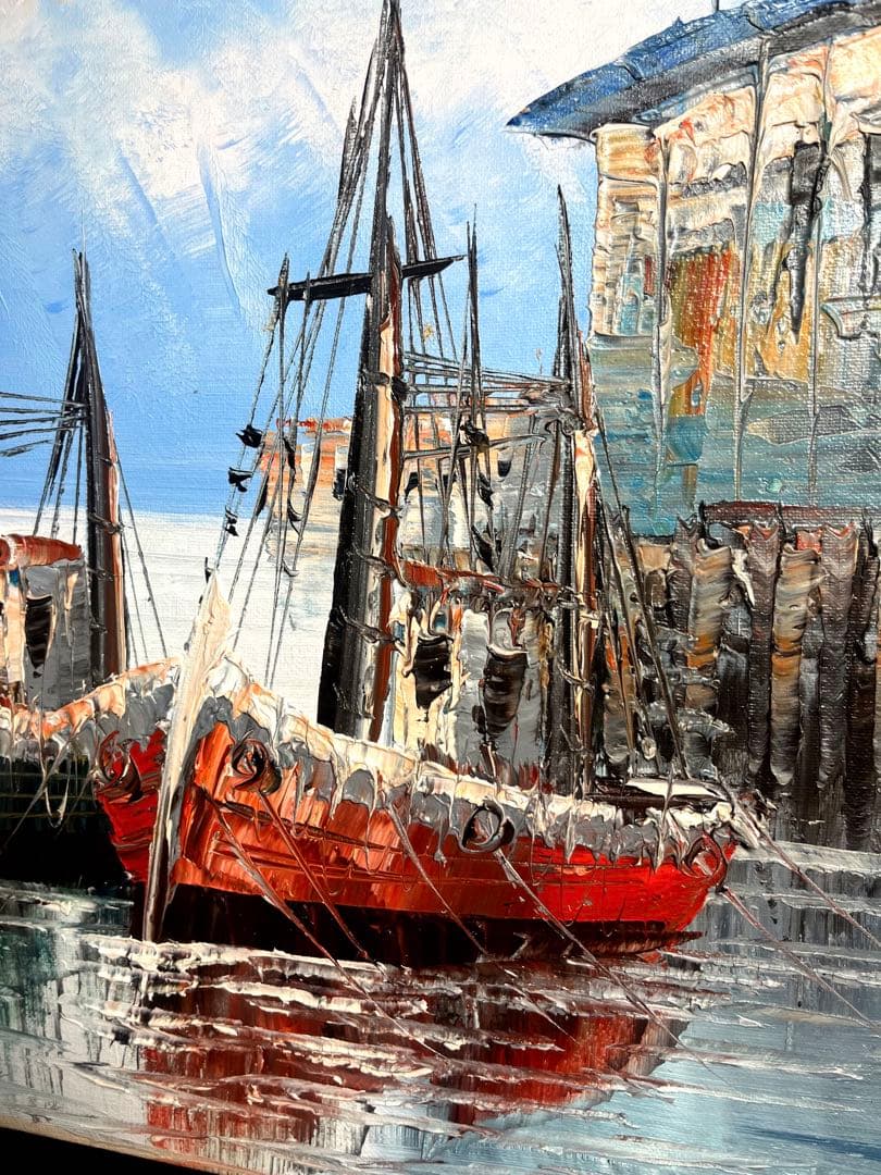 世界堂　額　豪華　額縁付き　油彩絵 船 風景 絵画　肉筆　サイン　アンティーク