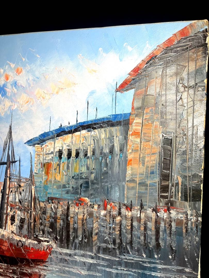 世界堂　額　豪華　額縁付き　油彩絵 船 風景 絵画　肉筆　サイン　アンティーク