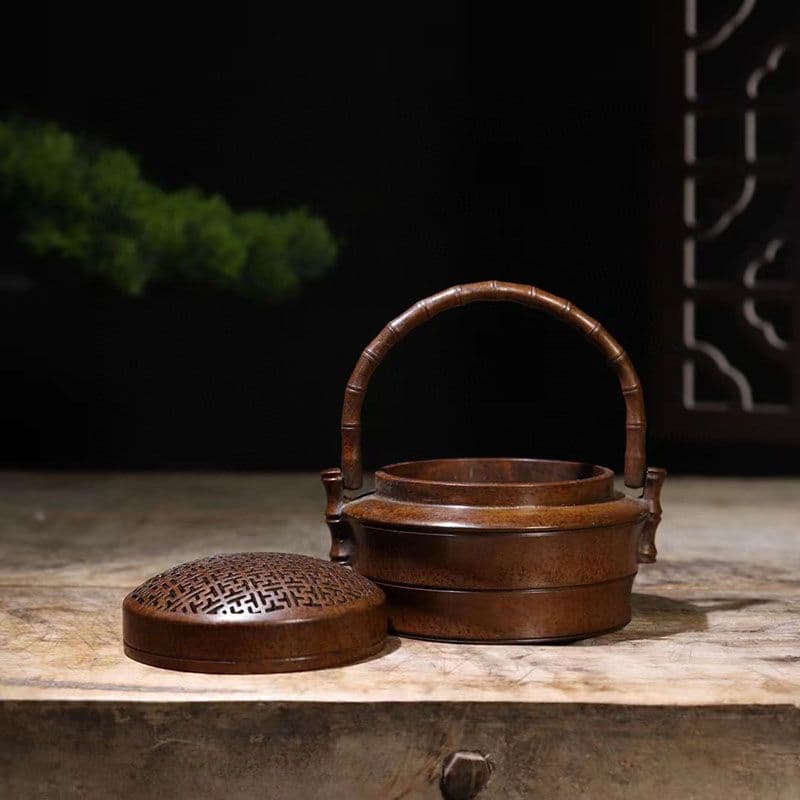 銅製 提梁暖手炉 竹節手提げ暖手炉 香炉 香道具 装飾品 工芸品 置物