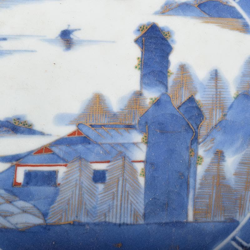 伊万里焼　古伊万里　富長貴春　染付　山水文　輪花皿　時代箱付　C　8264