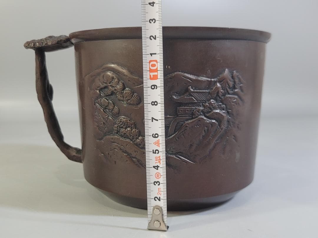 煎茶 銅 楼閣山水紋 霊芝手付 建水 琢斎造 DT322