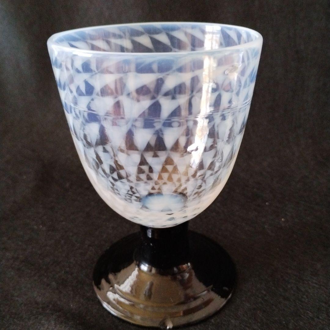 氷コップ　和ガラス乳白透かし鱗文なつめ型黒脚