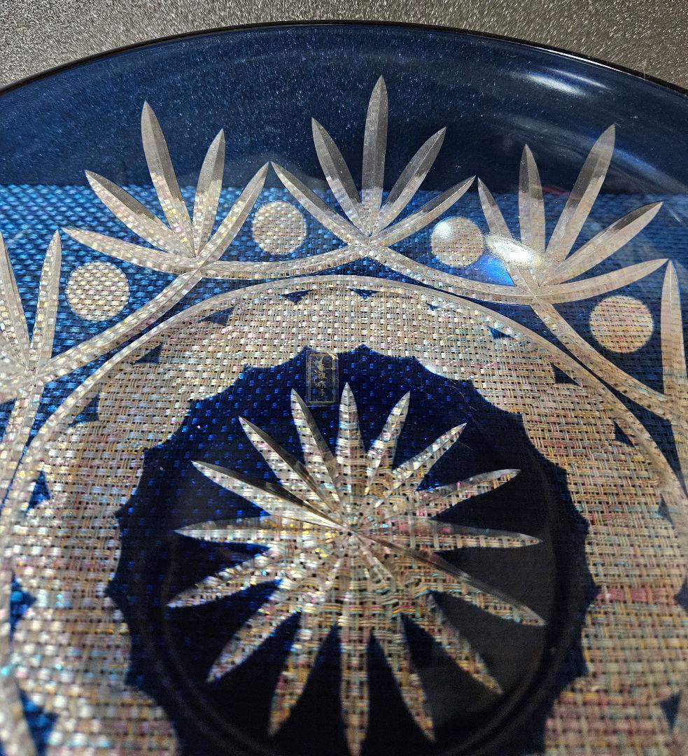 江戸切子　現代作品　青色被せ切子硝子 ガラス　鉢　菓子鉢　茶道具　茶器　共箱
