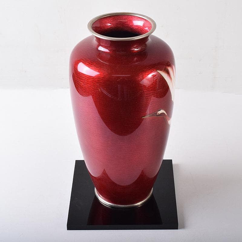 七宝焼　安藤七宝店　旭光釉双鶴文　花瓶　高さ約31㎝　台付　共箱　MR8333B