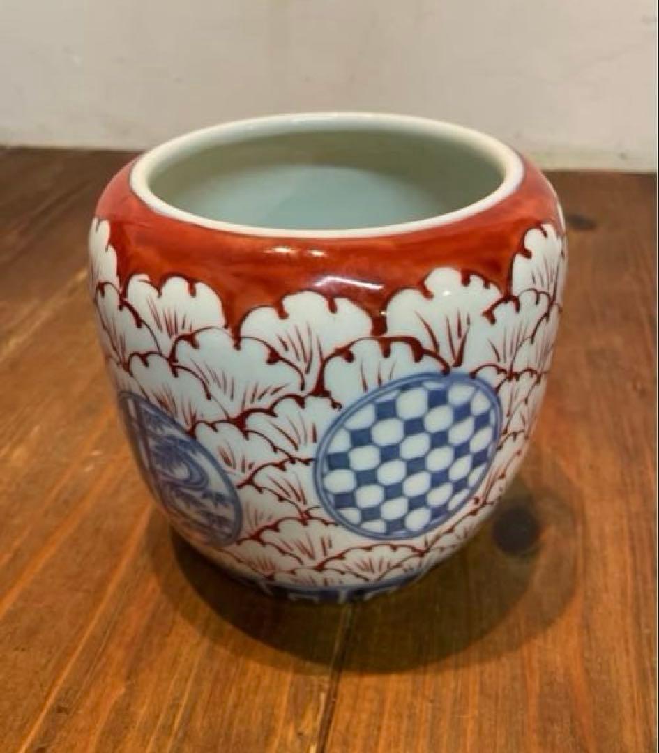 美品　伊万里　色絵　草花丸文　冨貴長春　鉢　火鉢　染付　小　年代物　焼物