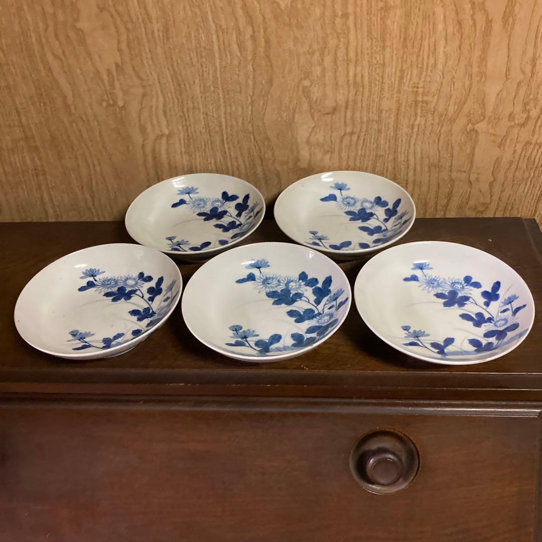 鍋島焼　古鍋島　染付　五寸皿　菊花七宝文　五客揃