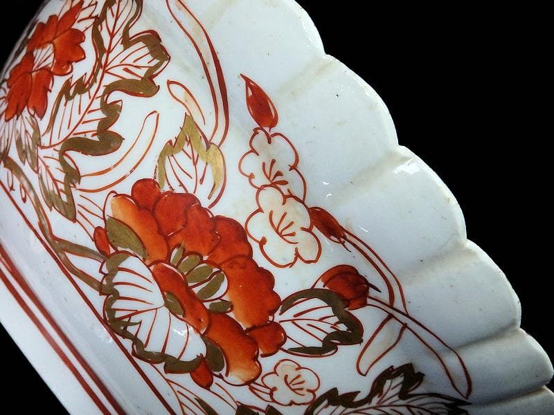 古伊万里　金襴手　輪花　花に柘榴の図　蓋付き深鉢　菓子鉢　E866AS-COk