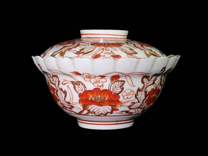 古伊万里　金襴手　輪花　花に柘榴の図　蓋付き深鉢　菓子鉢　E866AS-COk