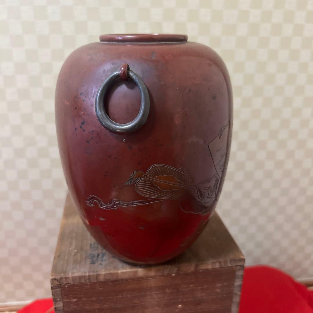 初代玉川堂　福禄寿片切彫　鎚起銅製花瓶　供箱