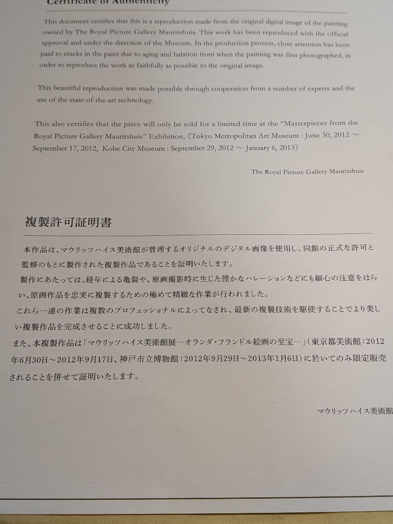 フェルメール　真珠の耳飾りの少女　ジークレーデジタルプリント　額装