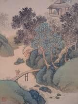 【真作】掛軸　松原海雲　山水図　楼閣山居図　橋渡人物　古画　合箱入　U59