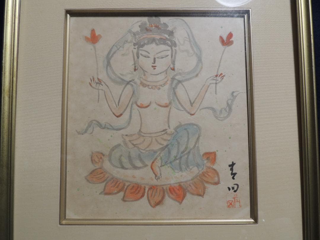 色紙、額装「天女？観音？図」中村青田、日展審査員＞仏教、仏像、肉筆