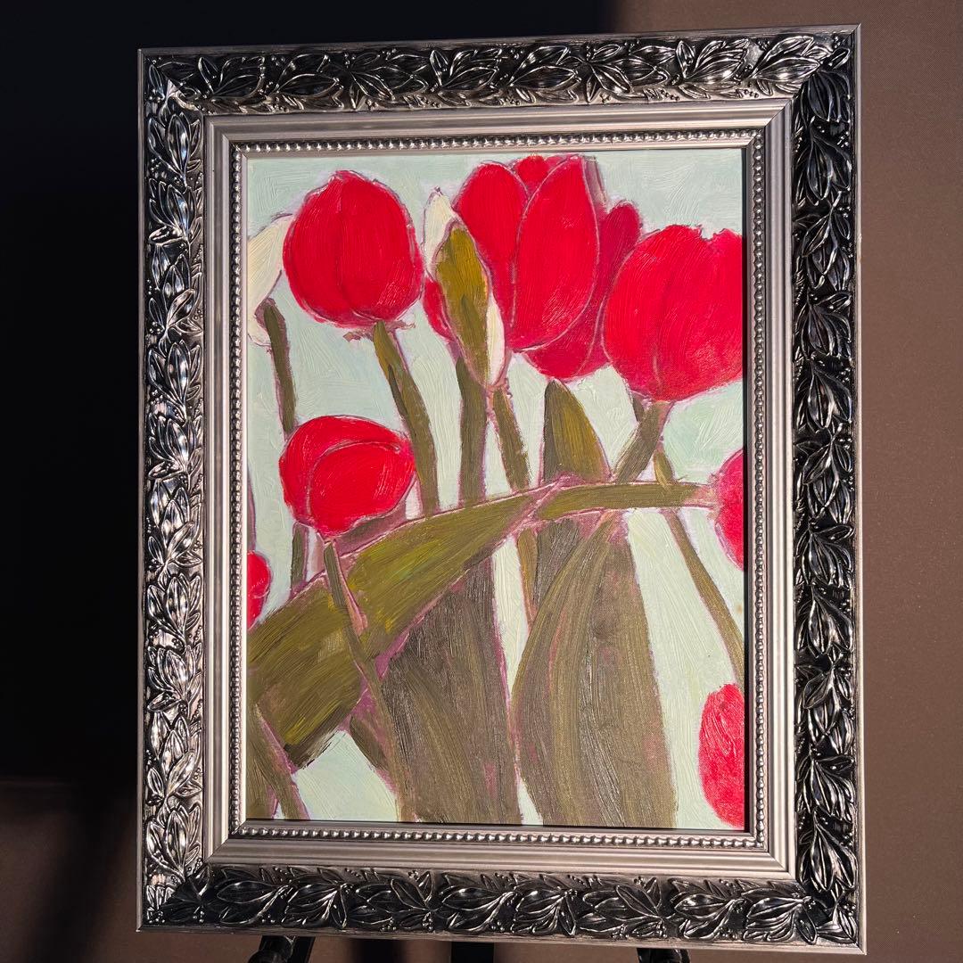 手書き油絵 チューリップ 額付 絵画 インテリア 油彩画