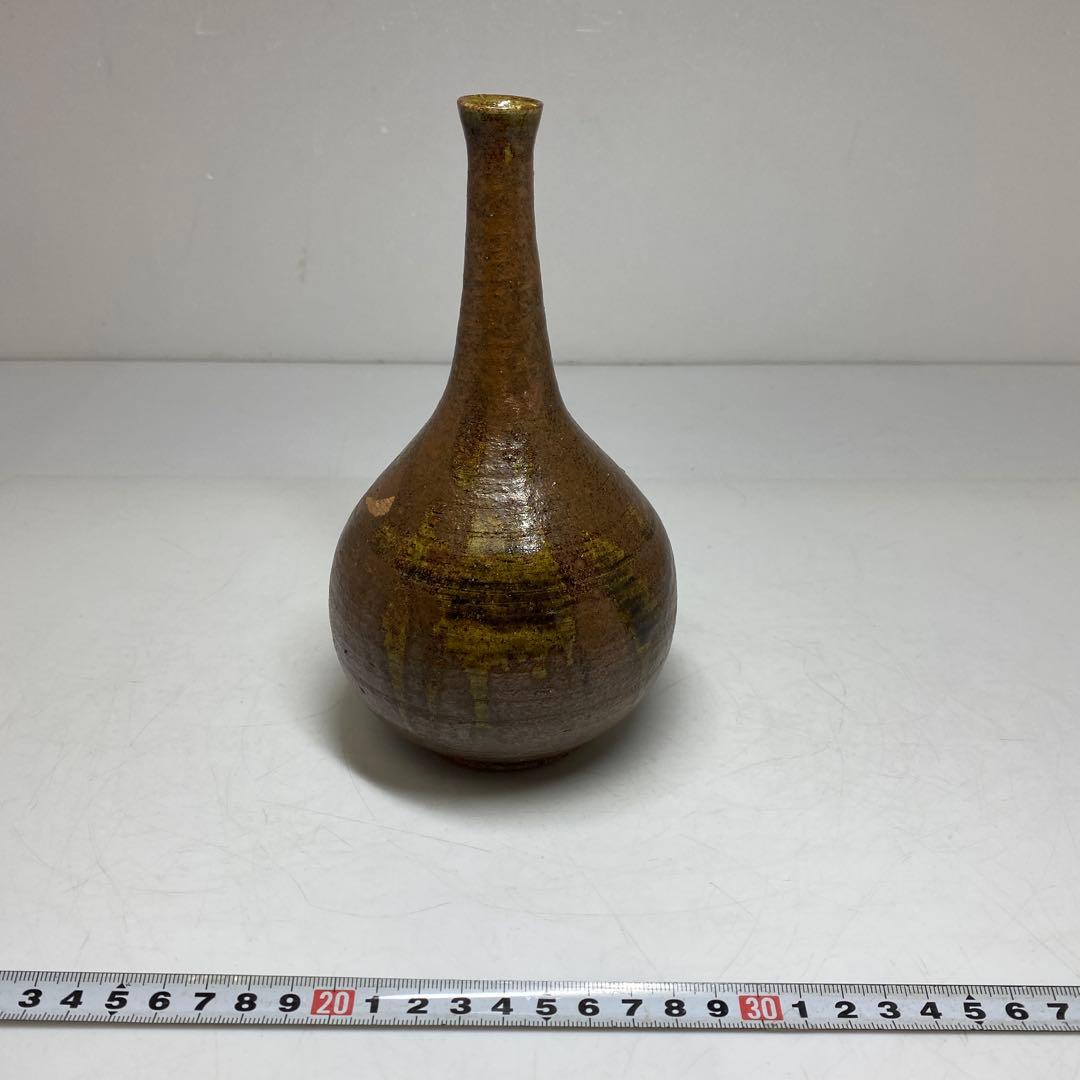 人間国宝 松井康成作 灰釉鶴首花生 共箱 高さ約19cm タトニ