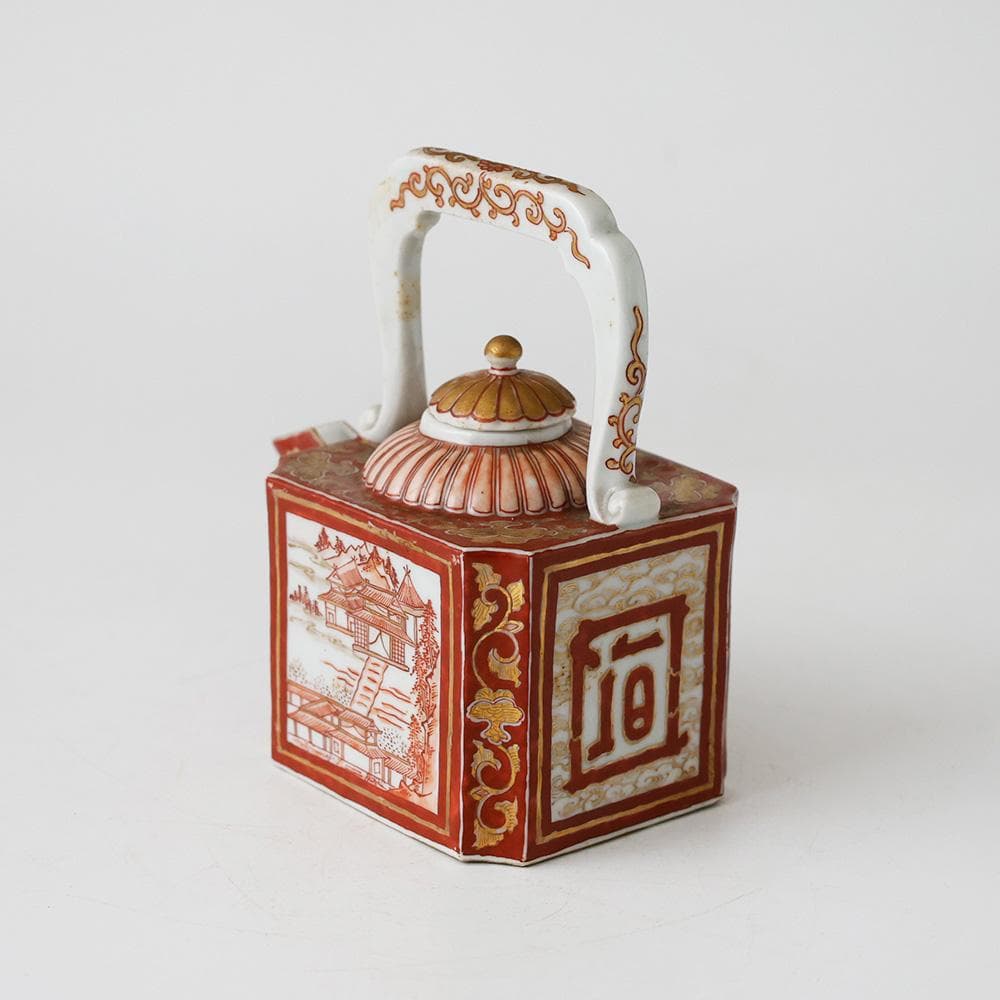 時代年代物 九谷焼 赤絵金彩唐草楼閣図 水注 酒器 煎茶器