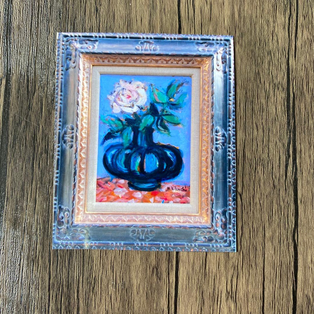 絵画　油絵　油彩画F4 「バラ一輪」額付き　美品　芸術　原画　手描き　サイン入り