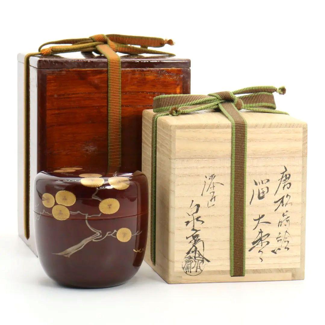 漆匠 高桑泉斎作 唐松蒔絵 溜塗 大棗 二重箱 茶道具 共布　AZ659　NT9