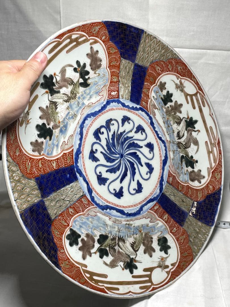 古伊万里。大皿。金彩。松鶴文。茶道具。飾皿。明治時代。古美術。骨董品。蔵出し。