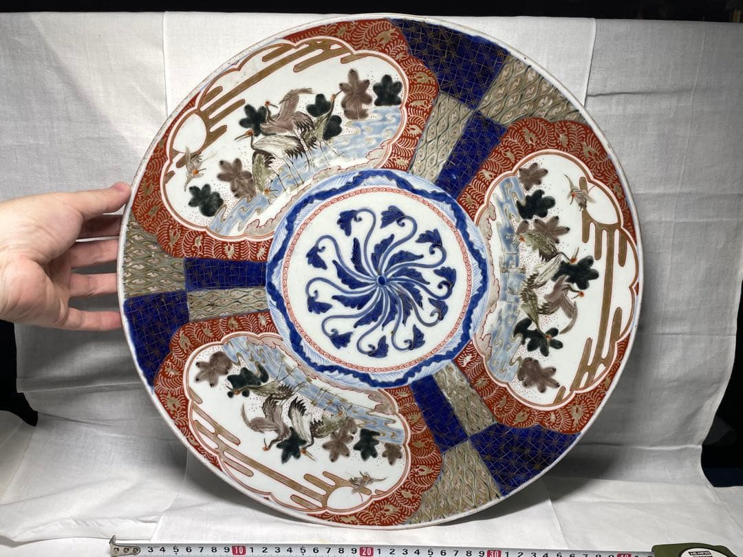 古伊万里。大皿。金彩。松鶴文。茶道具。飾皿。明治時代。古美術。骨董品。蔵出し。