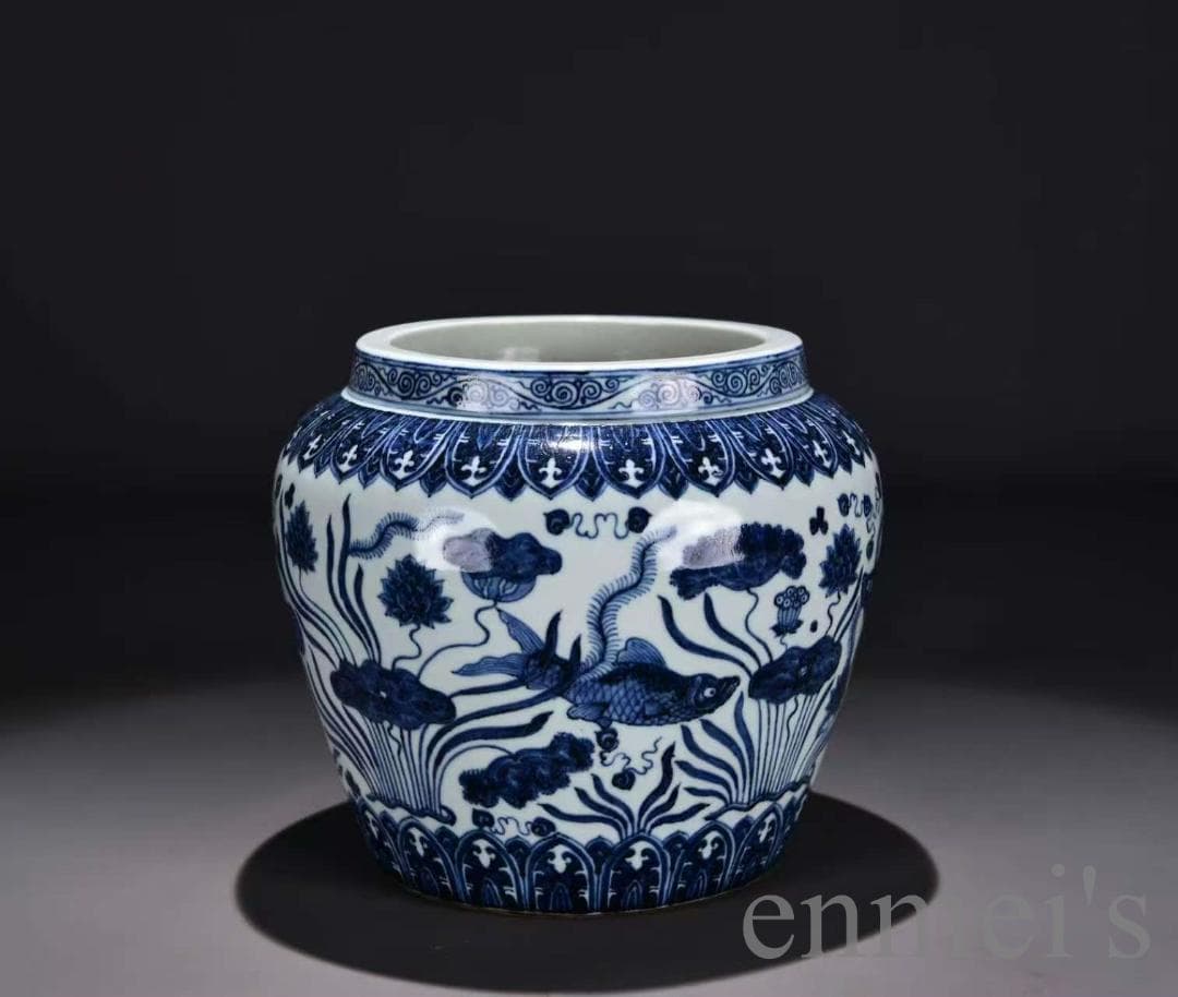 中国古美術・明代・宣徳・青花磁・巻缸・壺・魚藻紋・唐物・古玩・花瓶・水注・陶磁器