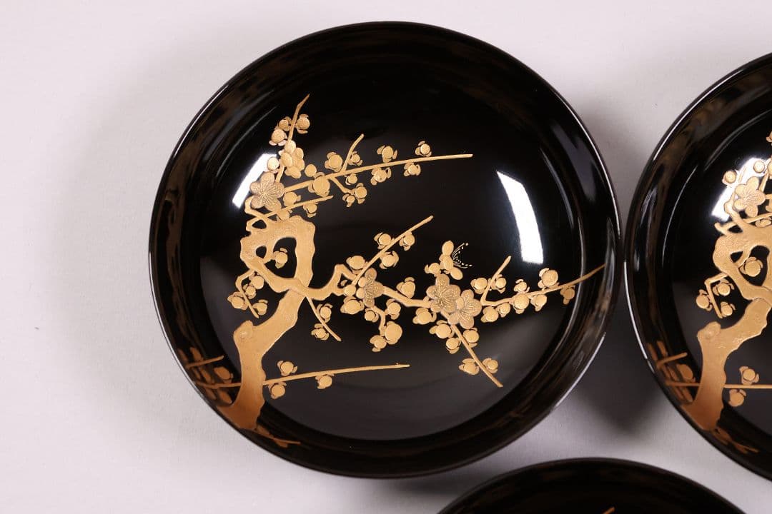 【CM233】古い木皿 五客 梅 金蒔絵 黒塗 小皿 菓子皿 木製漆器 大正昭和