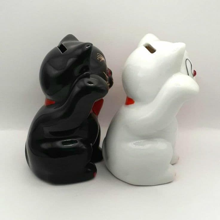 095 東海銀行ノベルティ 陶器製 リボン猫 貯金箱 2体セット 白黒 非売品