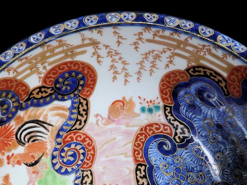古伊万里　金襴手　流水にオシドリ　菊に尾長鳥の図　大鉢　D078AS-fbqm